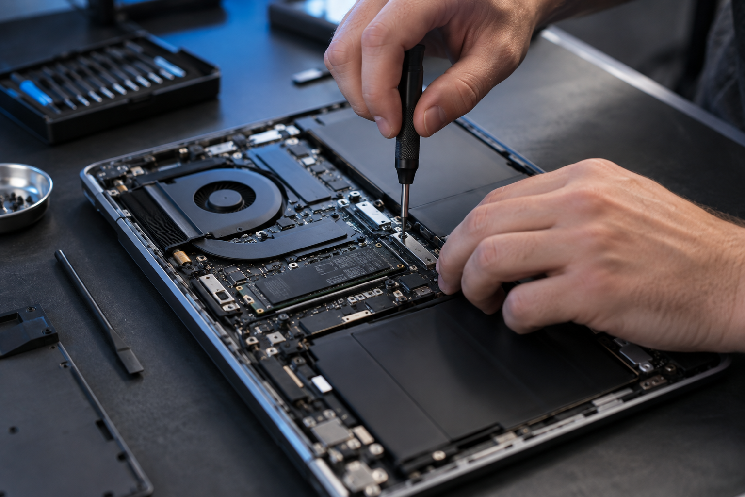 KI-Symbolbild: Reparatur eines ge&ouml;ffneten Laptops